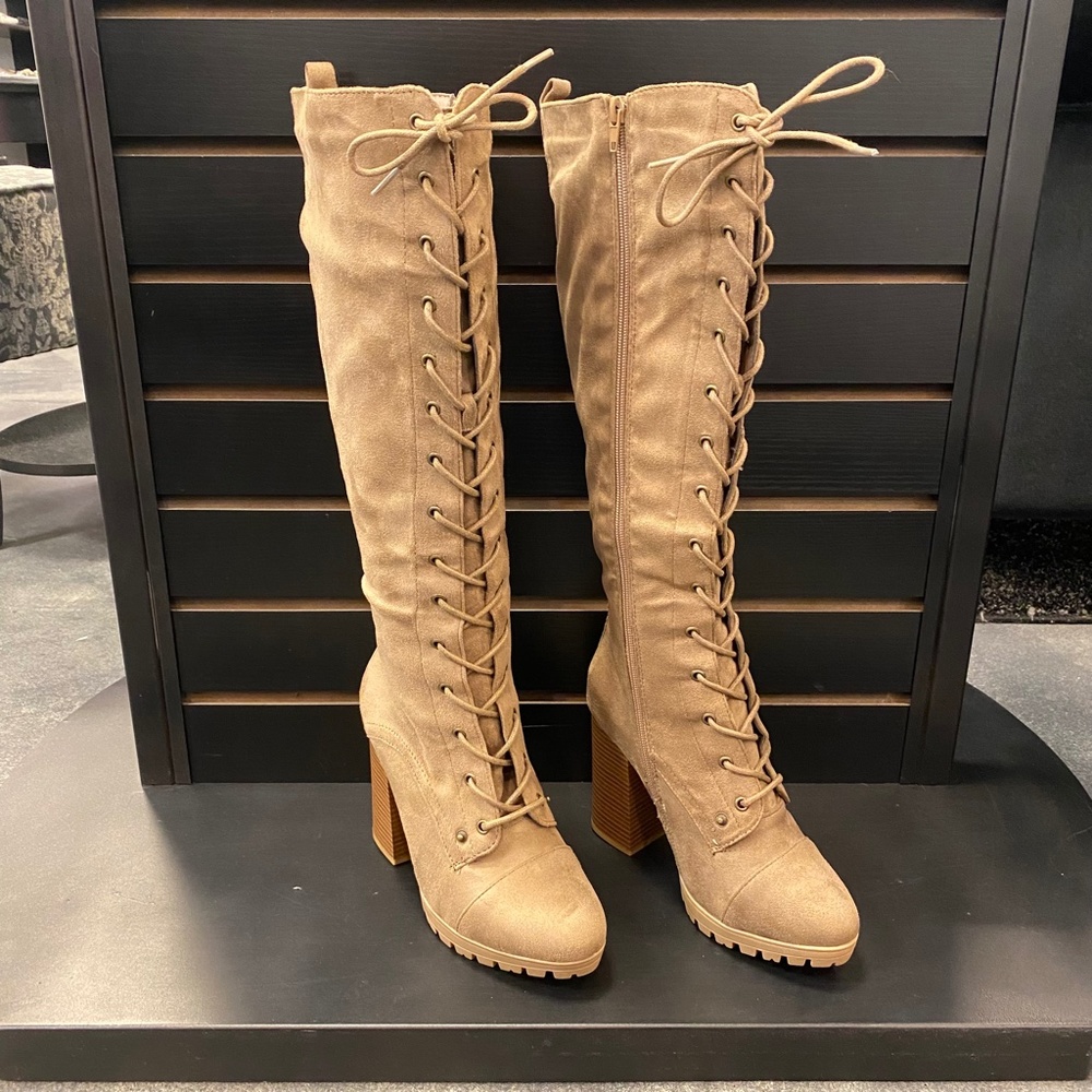 Taupe Lace Up Heeled Boots - Picture 4 of 6